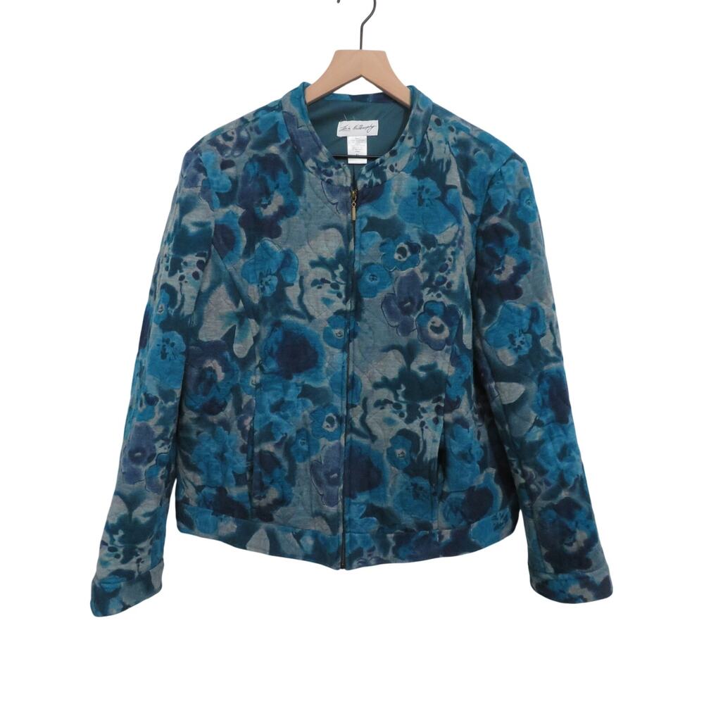Jes's Knitlosophy Sz XL Blue Floral Zip Front Jacket Lightweight Casual Topper